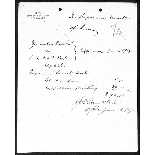 Iowa Supreme Court Des Monies 1889 Letterhead re: Case vs. CRI&P Ry