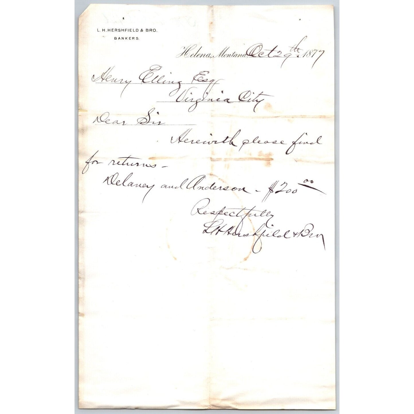 L.H. Hershfield** Bankers Helena 1877 Payment Advice Billhead - Henry Elling*