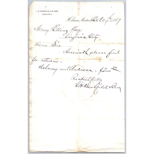 L.H. Hershfield** Bankers Helena 1877 Payment Advice Billhead - Henry Elling*