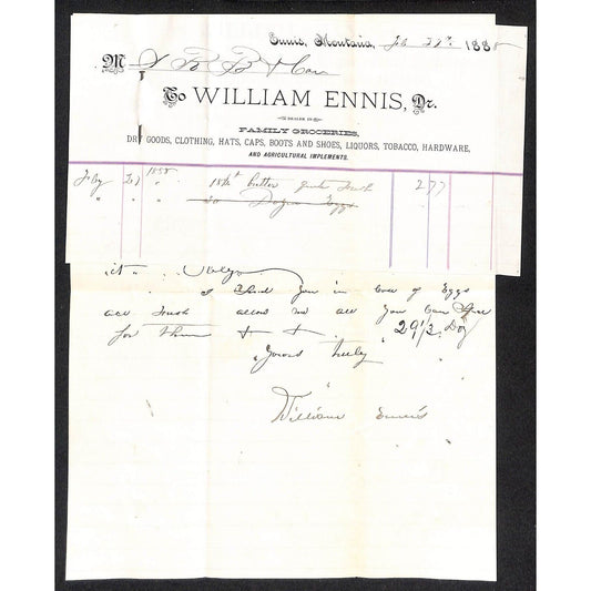 Ennis, MT William Ennis "Family Groceries" 1888 ALS Letterhead & Billhead Butter