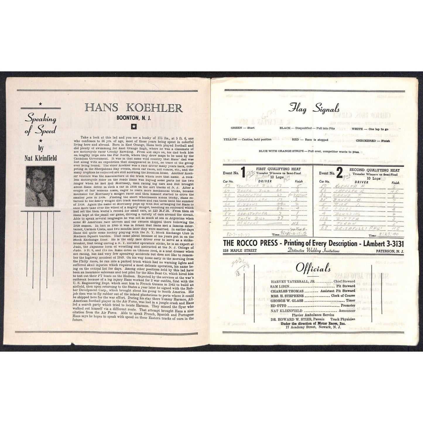 Hinchliffe Stadium Midget Auto Races 9/3/1946 Program Hans Koehler 4pp Scarce