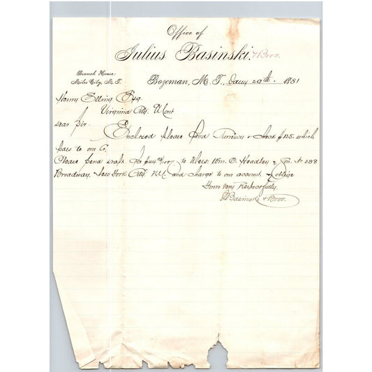 Julius Basinski (Stationers) Bozeman, MT 1881 ALS Letterhead - Henry Elling*