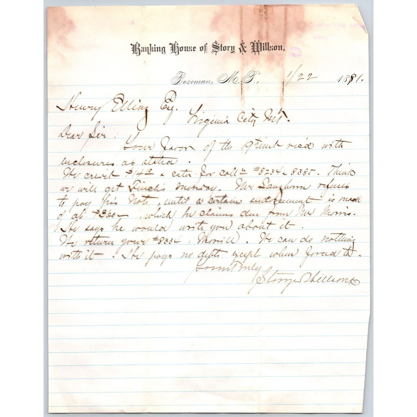 Banking House of Story & Willson Bozeman, MT 1881 Letterhead to Henry Elling*