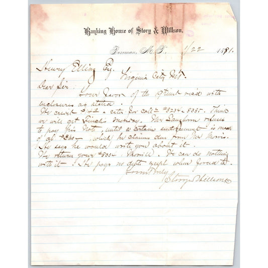 Banking House of Story & Willson Bozeman, MT 1881 Letterhead to Henry Elling*