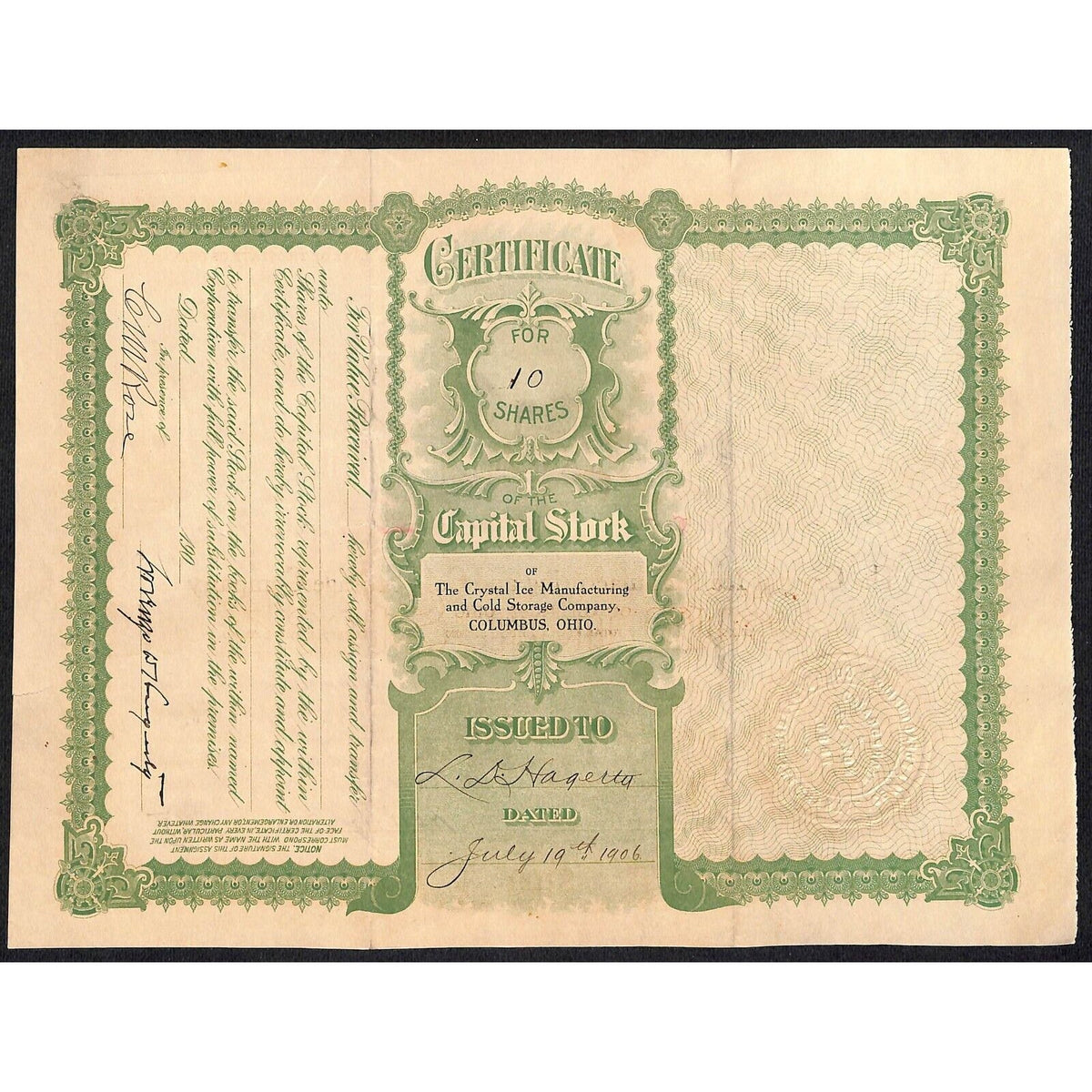 Crystal Ice Manufacturing and Cold Storage Co. Columbus 1906 Stock Certificate