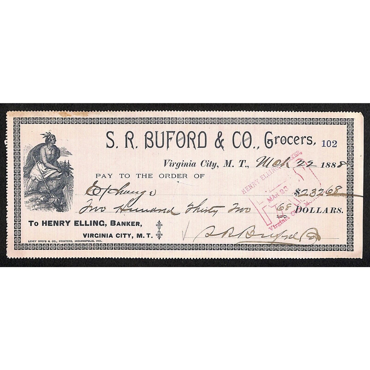 1888 Henry Elling Virginia City Montana Territory S.R. Buford Grocers Check #102