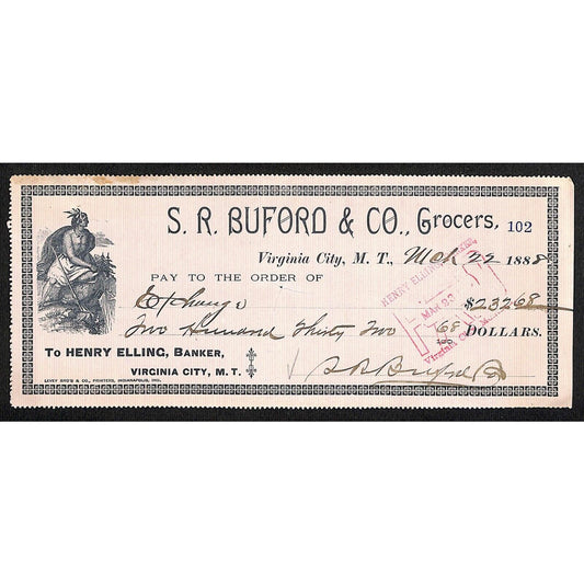 1888 Henry Elling Virginia City Montana Territory S.R. Buford Grocers Check #102