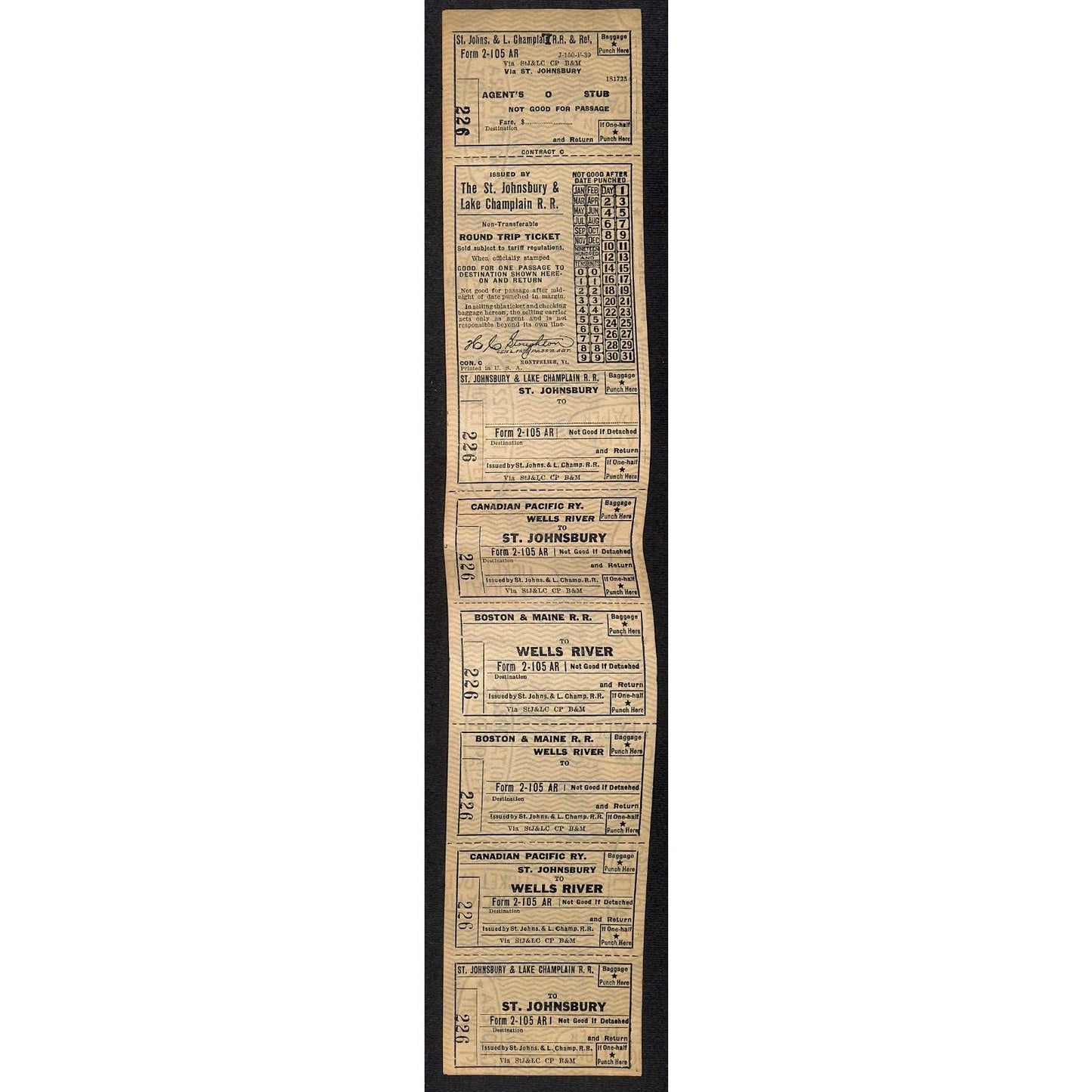 St. Johnsbury & Lake Champlain R.R.c1941 Unused Round Trip Ticket #226 & Up VGC
