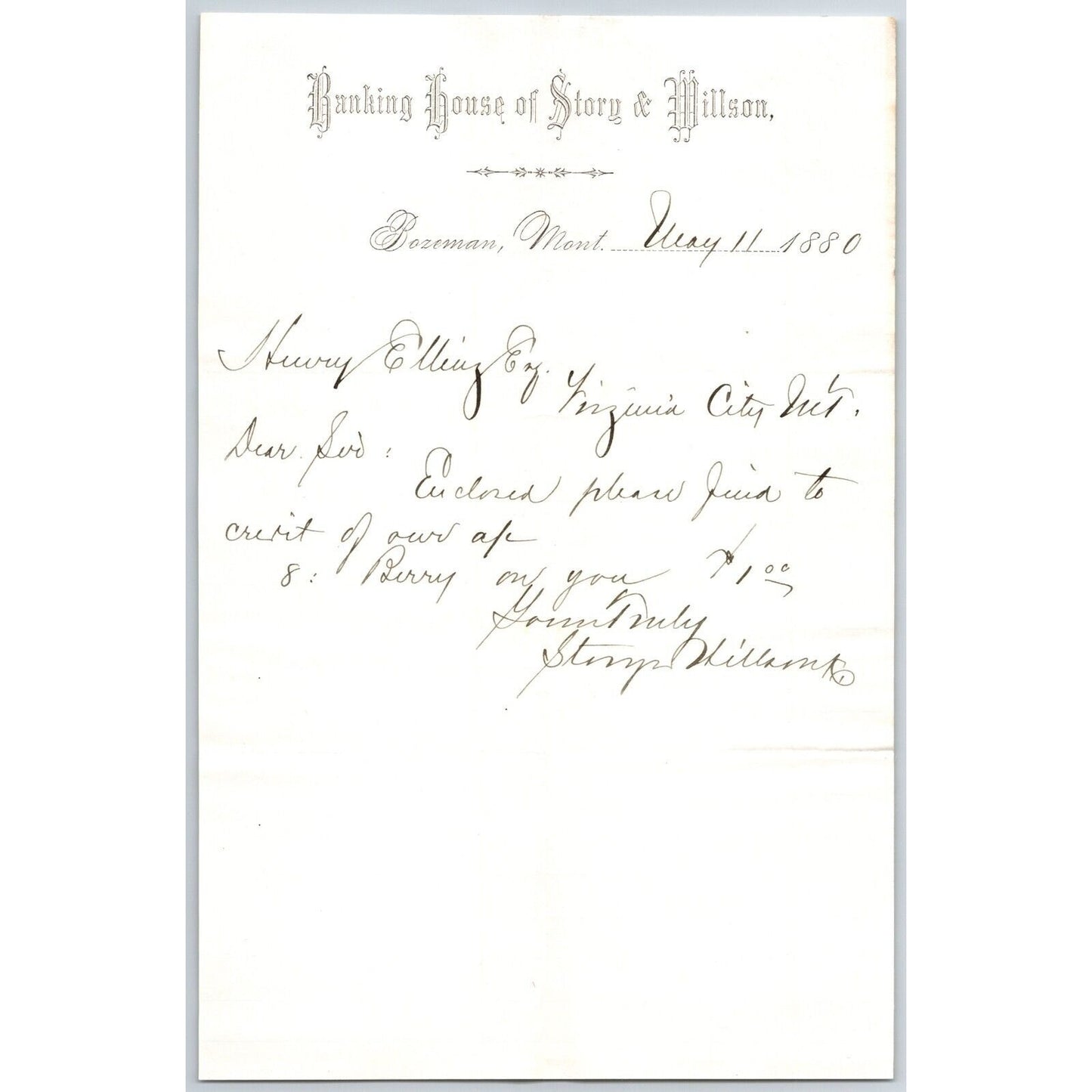 Banking House of Story & Nelson Bozeman, MT 5/11 1880 Letterhead Henry Elling*