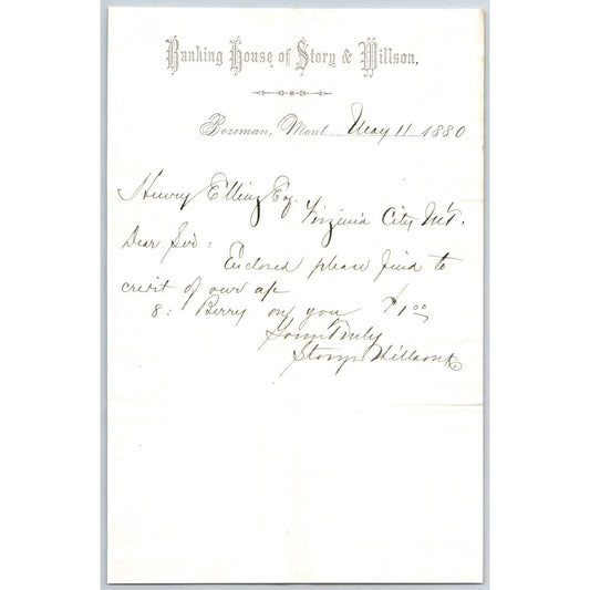 Banking House of Story & Nelson Bozeman, MT 5/11 1880 Letterhead Henry Elling*