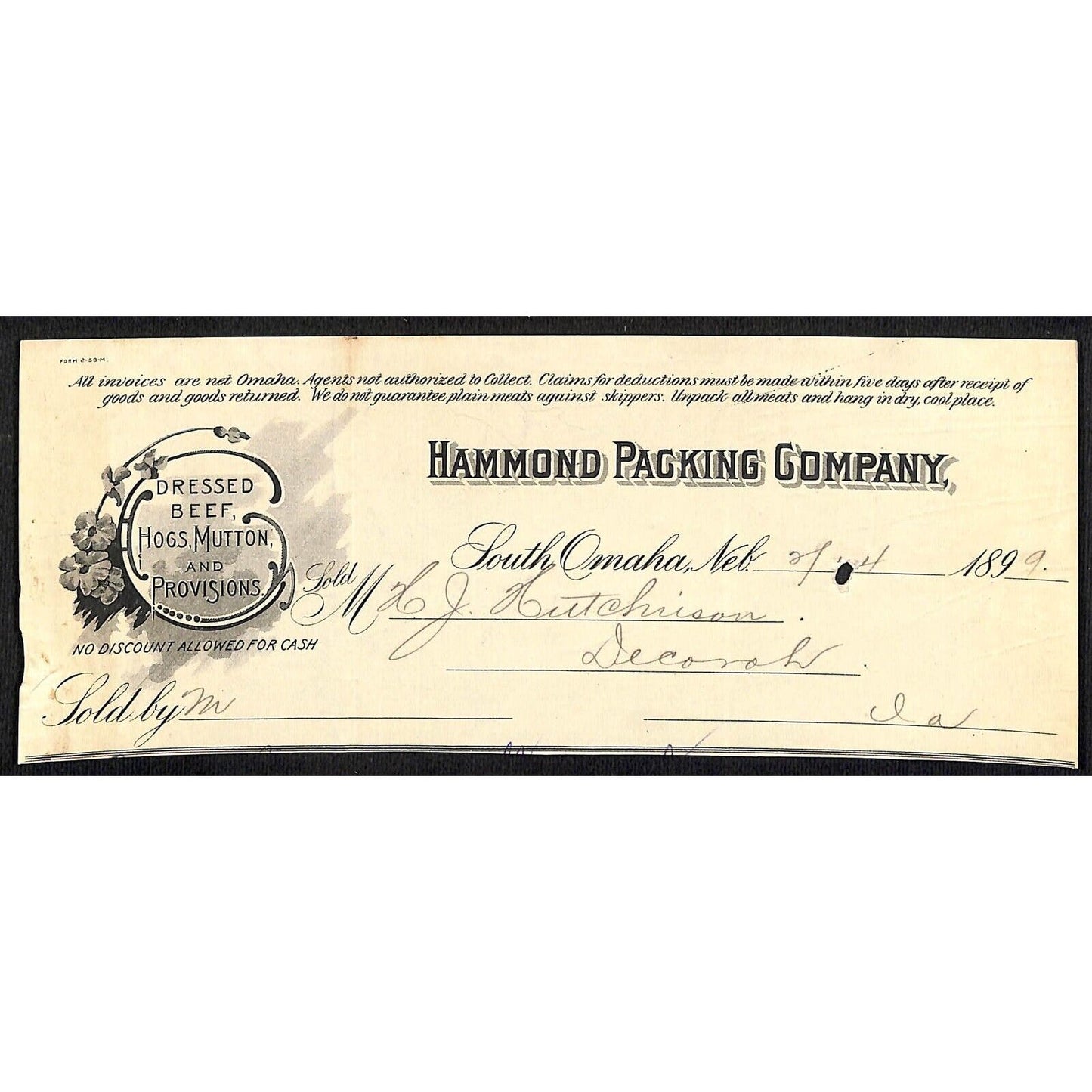 Hammond Packing Co. South Omaha, NE HJ Hutchinson Decorah, IA* Cut 1899 Billhead