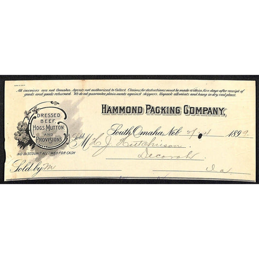 Hammond Packing Co. South Omaha, NE HJ Hutchinson Decorah, IA* Cut 1899 Billhead