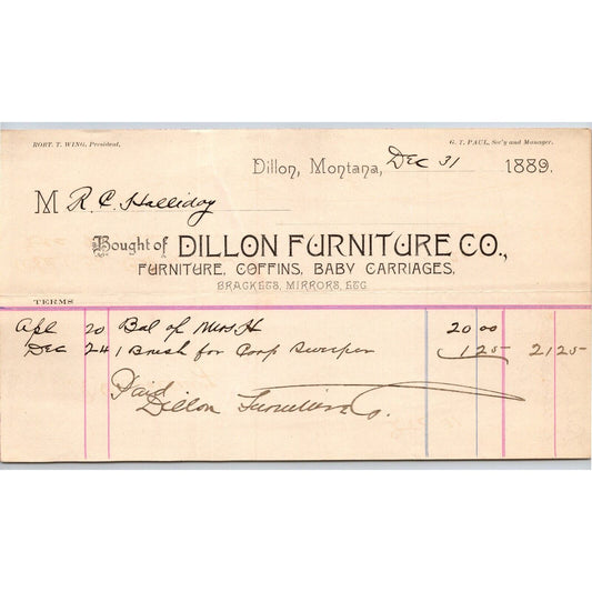 Dillon MT Dillon Furniture 1889 Coffins Baby Carriage Billhead R.C. Halliday*