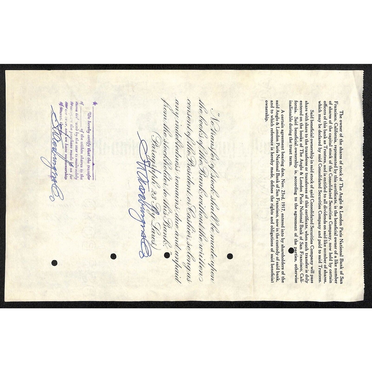 Anglo & London Paris National Bank of San Francisco 1928 Stock Certificate #7501