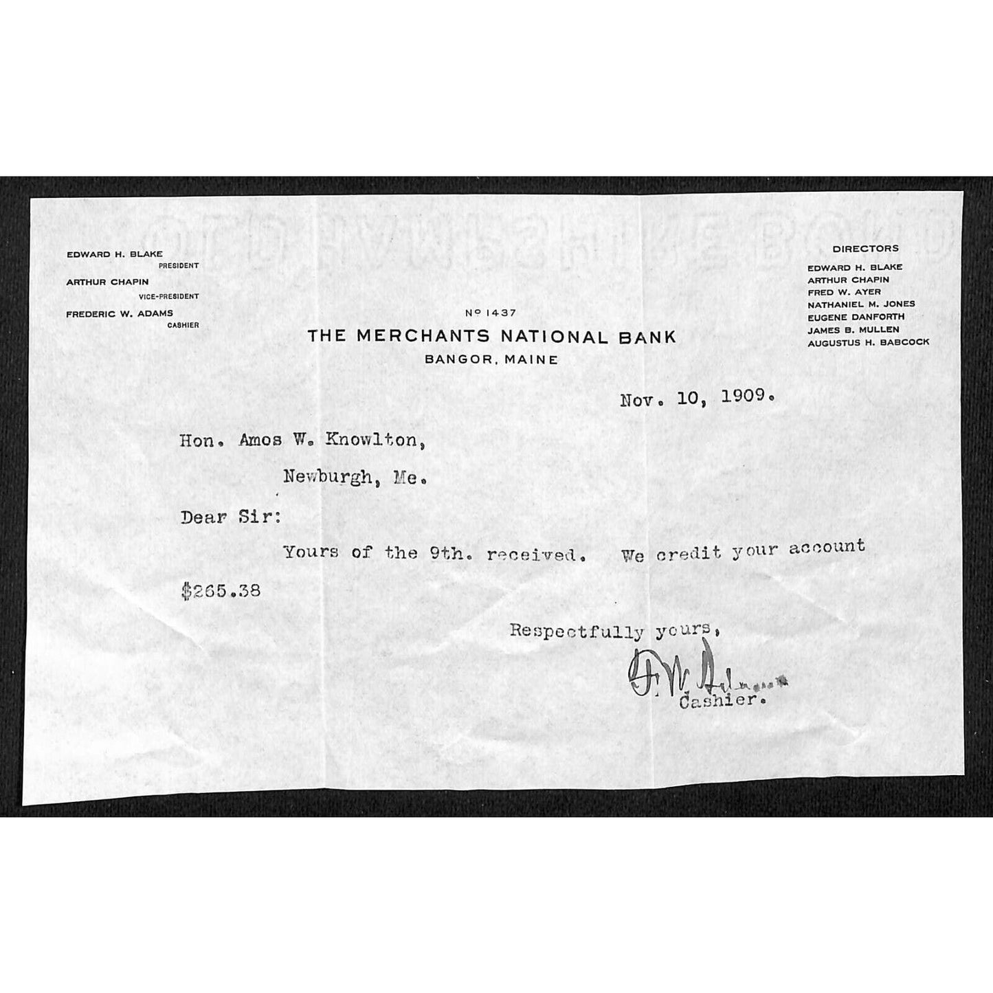 Bangor, ME 1909 Merchants National Bank Letterhead re: Payment - Knowlton*
