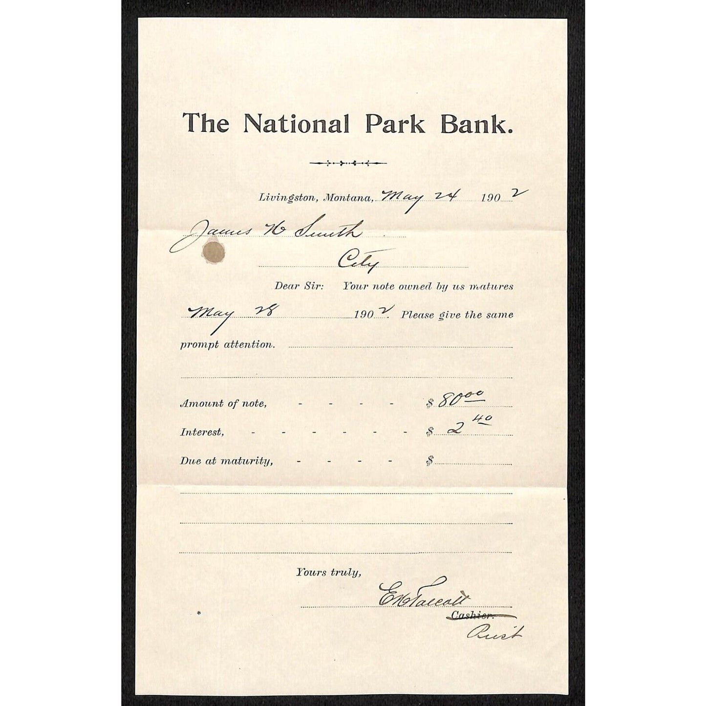 1902 National Park Bank Livingston, MT Note Maturity / Interest Notice