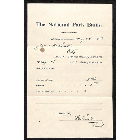 1902 National Park Bank Livingston, MT Note Maturity / Interest Notice