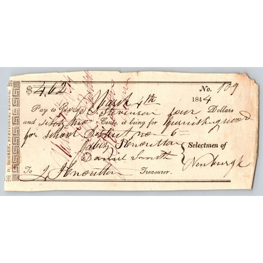 1844 Jabez Knowlton* Newburgh ME Town Check to George Stevenson for Furnishings