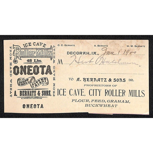Ice Cave City Roller Mills Oneota Dubuque, IA Hutchinson* 1900 Cut Receipt
