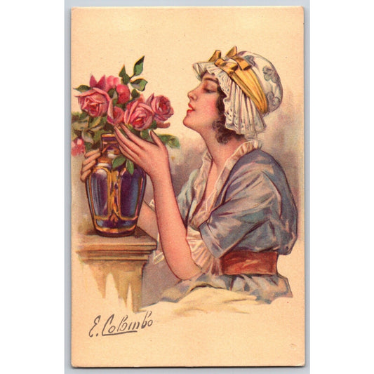 Art Nouveau Postcard Woman Smells Roses in Vase Signed E Colombo
