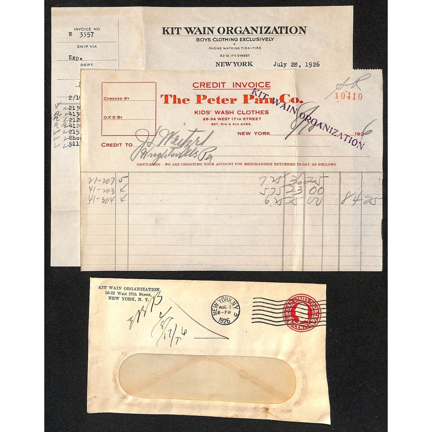 Kit Wan Org. / Peter Pan Co. Boys Clothes NYC / Weitzel 1926 Billhead + Cover