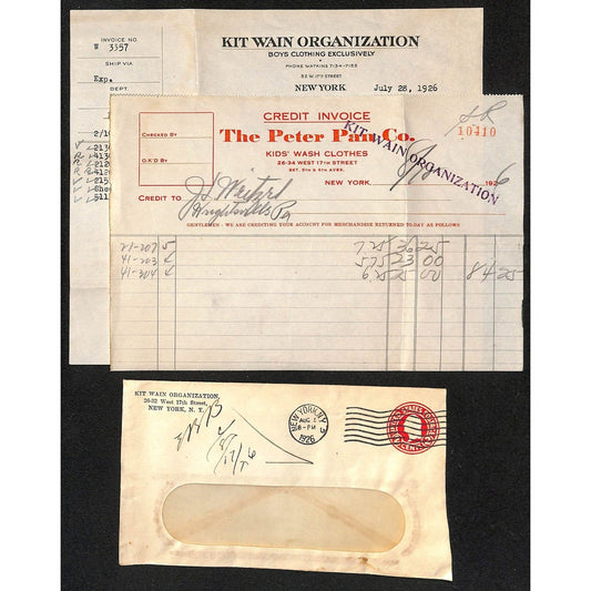 Kit Wan Org. / Peter Pan Co. Boys Clothes NYC / Weitzel 1926 Billhead + Cover