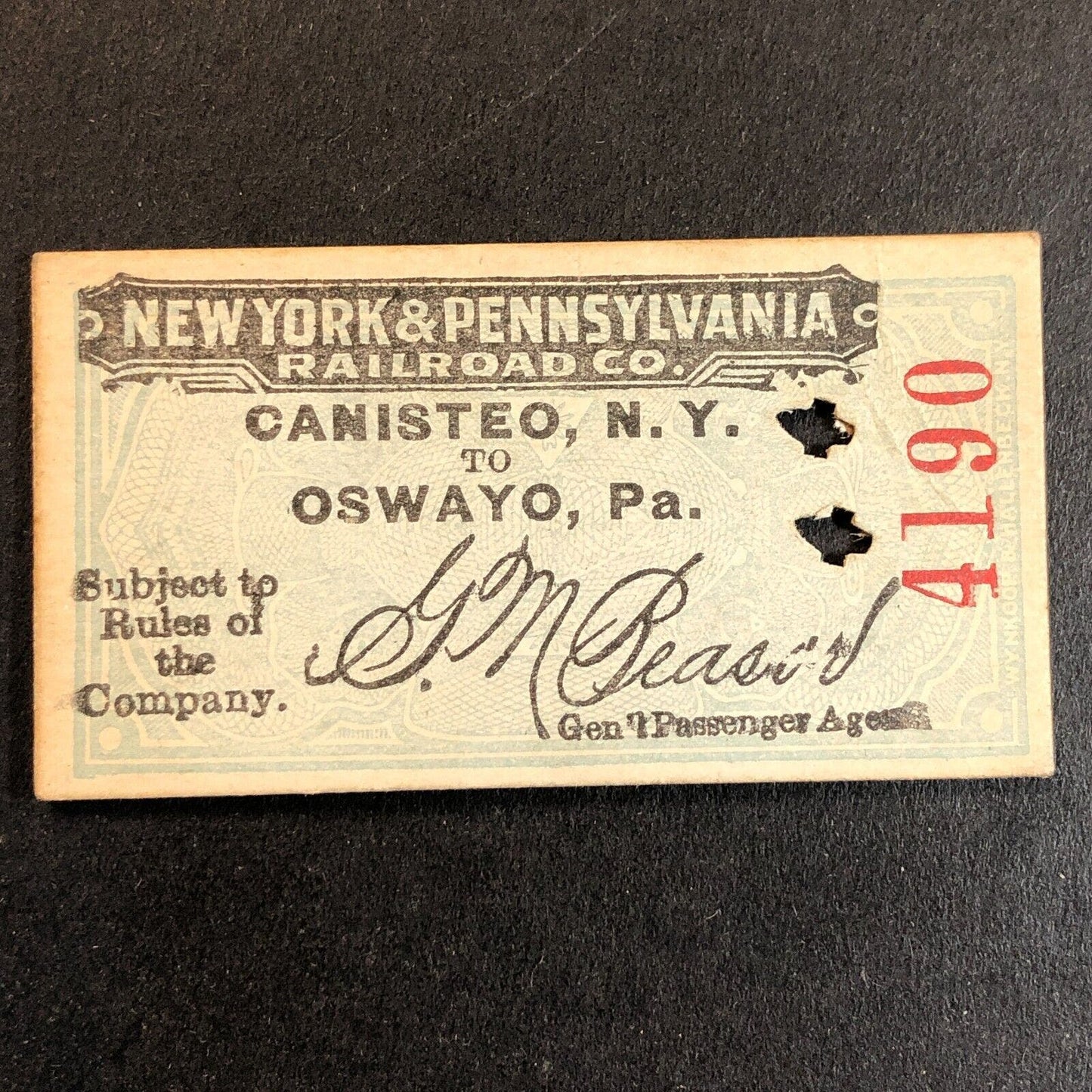 New York & Pennsylvania Railroad July 28 1917 Oswayo Ticket #4190 Scarce