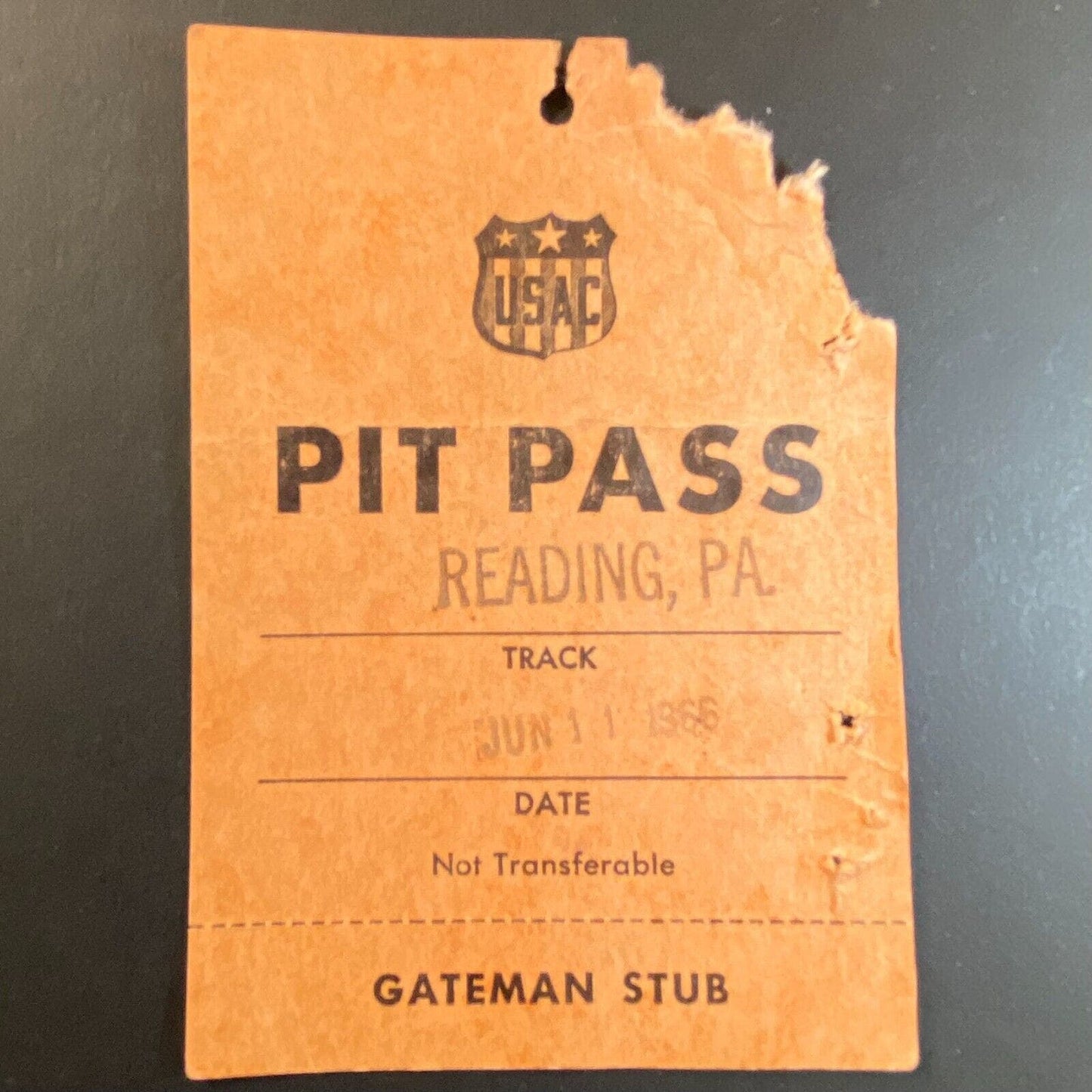 June 11 1966 Reading, PA USAC Pit Pass w/ Tear Loss