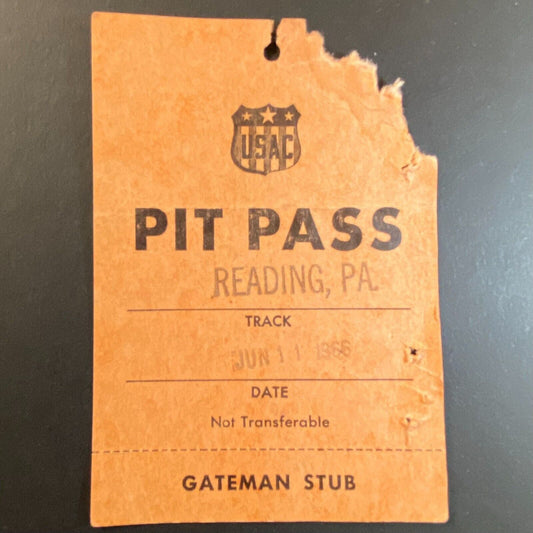 June 11 1966 Reading, PA USAC Pit Pass w/ Tear Loss