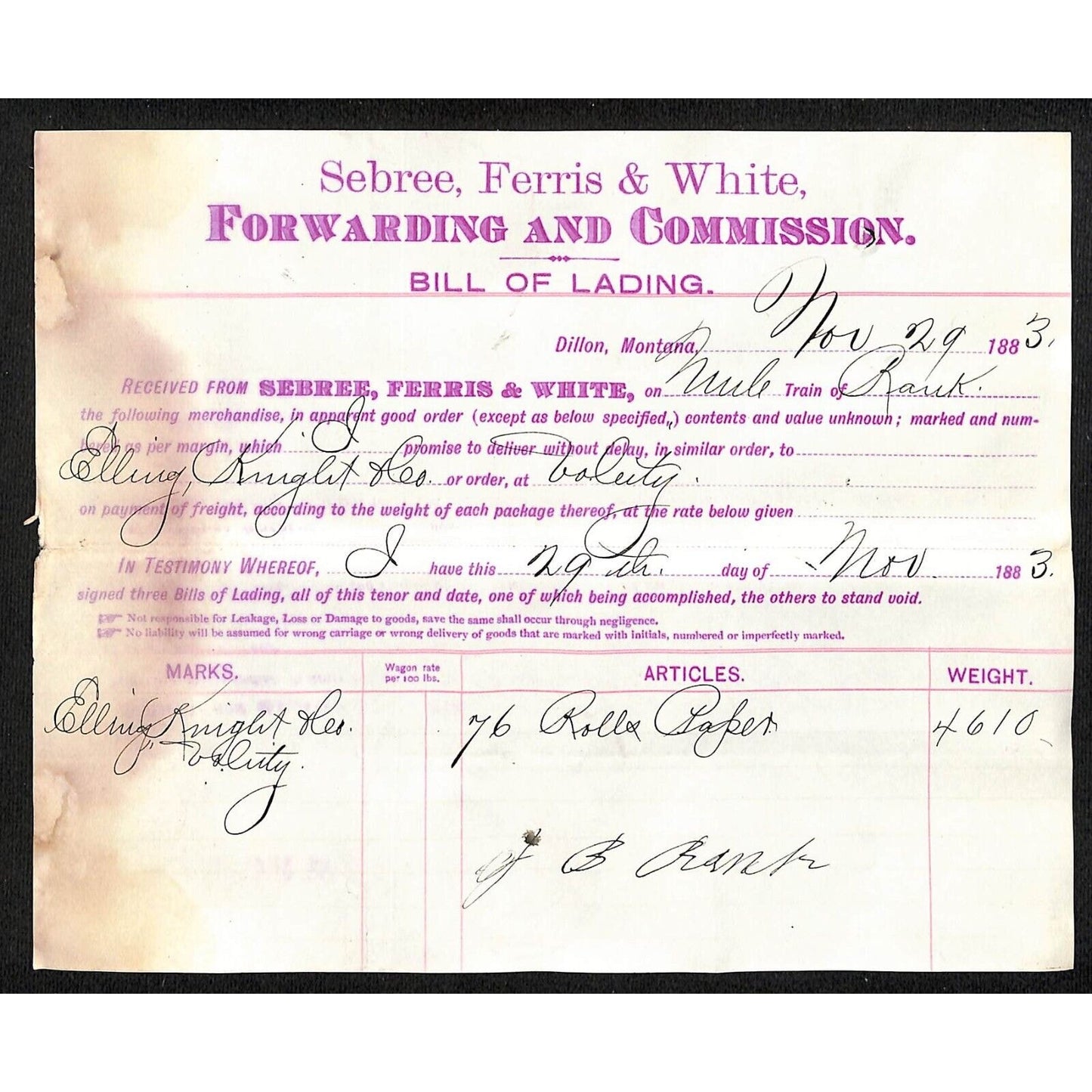 1883 Bill of Lading Sebree, Ferris & White Henry Elling* 4,610 lbs. Rolled Paper