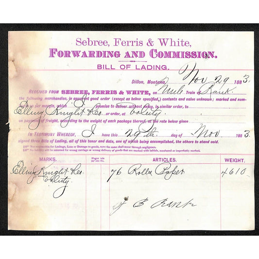 1883 Bill of Lading Sebree, Ferris & White Henry Elling* 4,610 lbs. Rolled Paper