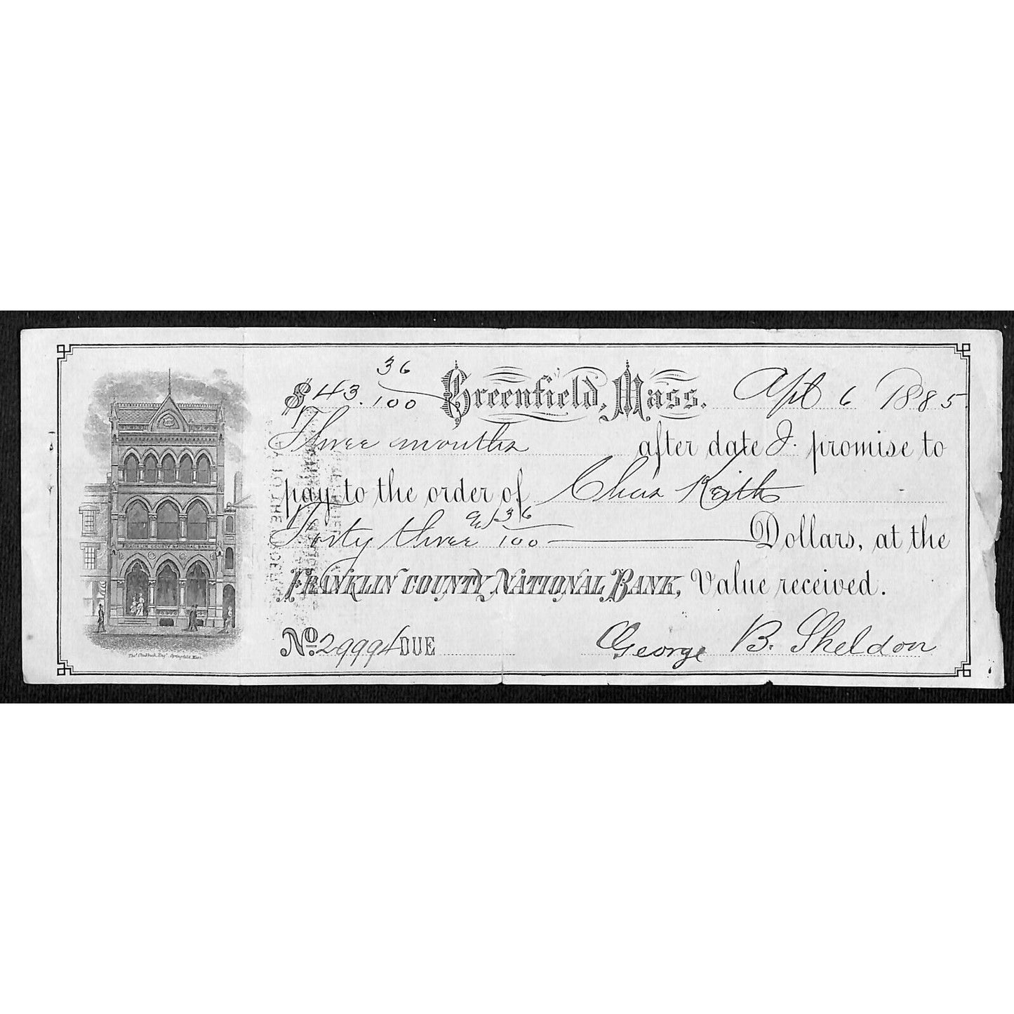 1885 Franklin County National Bank Greenfield, MA Promissory Note Charles Keith