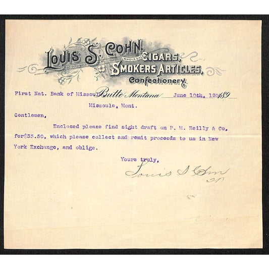 Louis S. Cohn Cigars Smokers Articles 1900 Butte, Montana TLS Letterhead