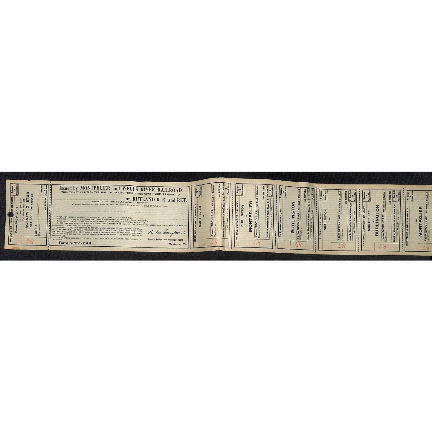 Montpelier and Wells River Railroad Unused First Class Ticket Scarce c1941 #87