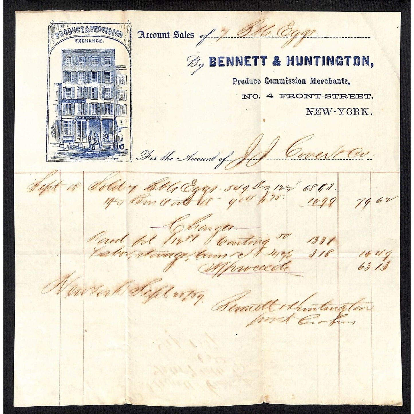 Bennett & Huntington NYC 1857 J.J. Cover, Johnsville, OH Sept Statement Billhead