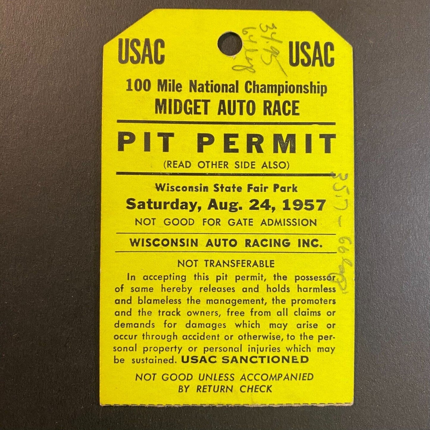 1957 Wisconsin State Fair Park USAC Auto Racing Pit Permit Pass Aug 24 VGC