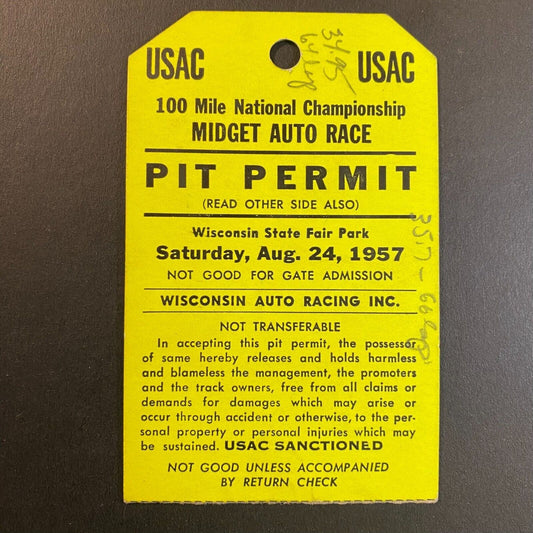 1957 Wisconsin State Fair Park USAC Auto Racing Pit Permit Pass Aug 24 VGC