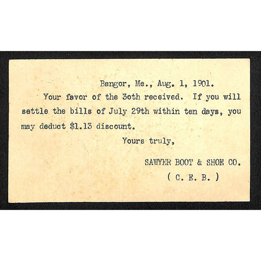 Bangor, ME Sawyer Boot & Shoe Co. 1901 Postal Card Postcard "Settle the Bills"
