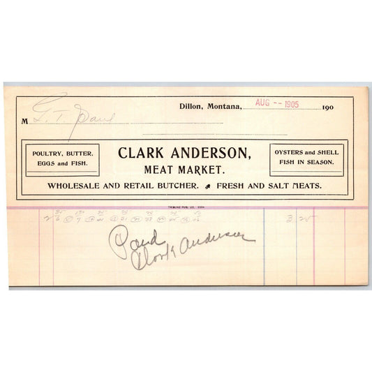 Dillon, MT Clark Anderson Meat Market Butcher Oysters Fish Aug. 1905 Billhead