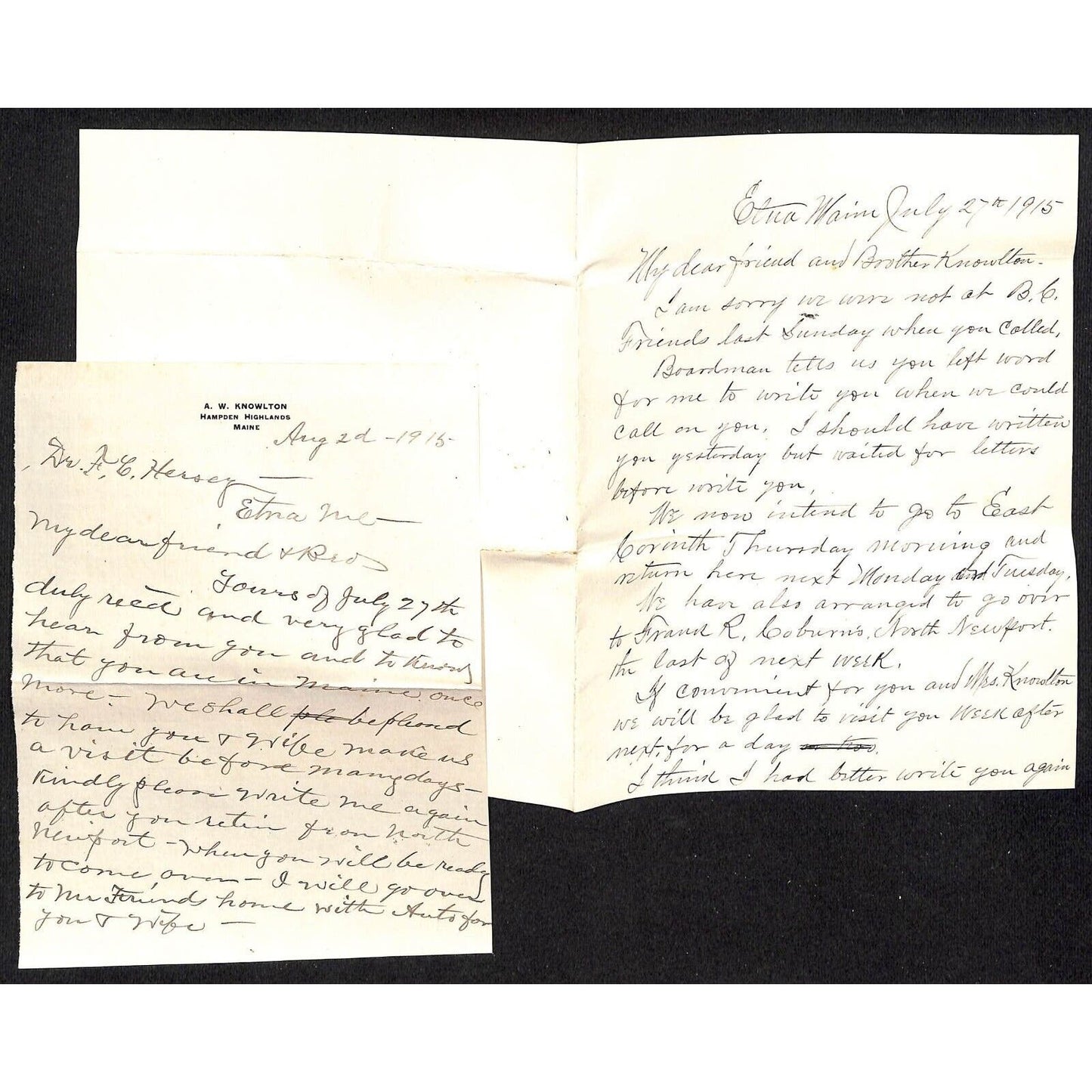 Hampden Highlands, ME 1915 2 Correspondence ALS re: Visiting & Cover