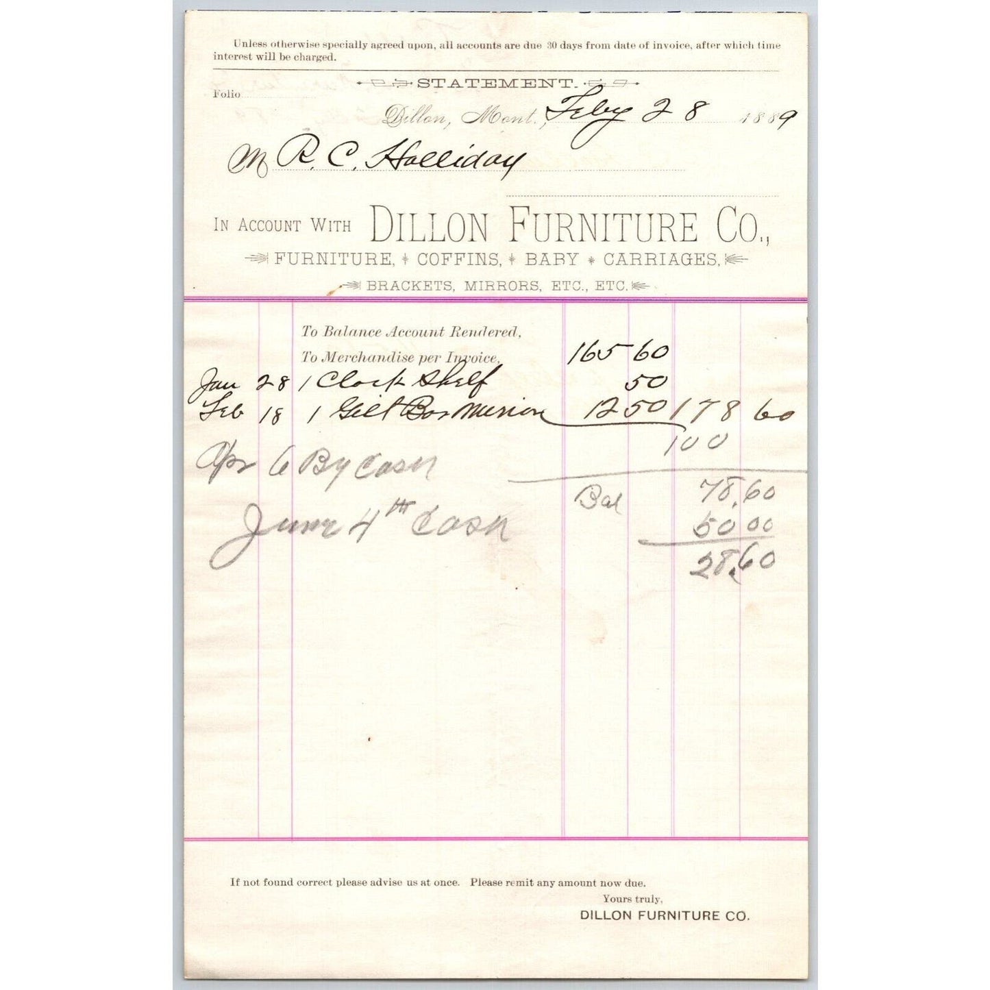 Dillon MT Dillon Furniture Co. 1889 Baby Carriages Billhead R.C. Halliday*