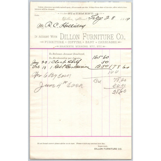 Dillon MT Dillon Furniture Co. 1889 Baby Carriages Billhead R.C. Halliday*