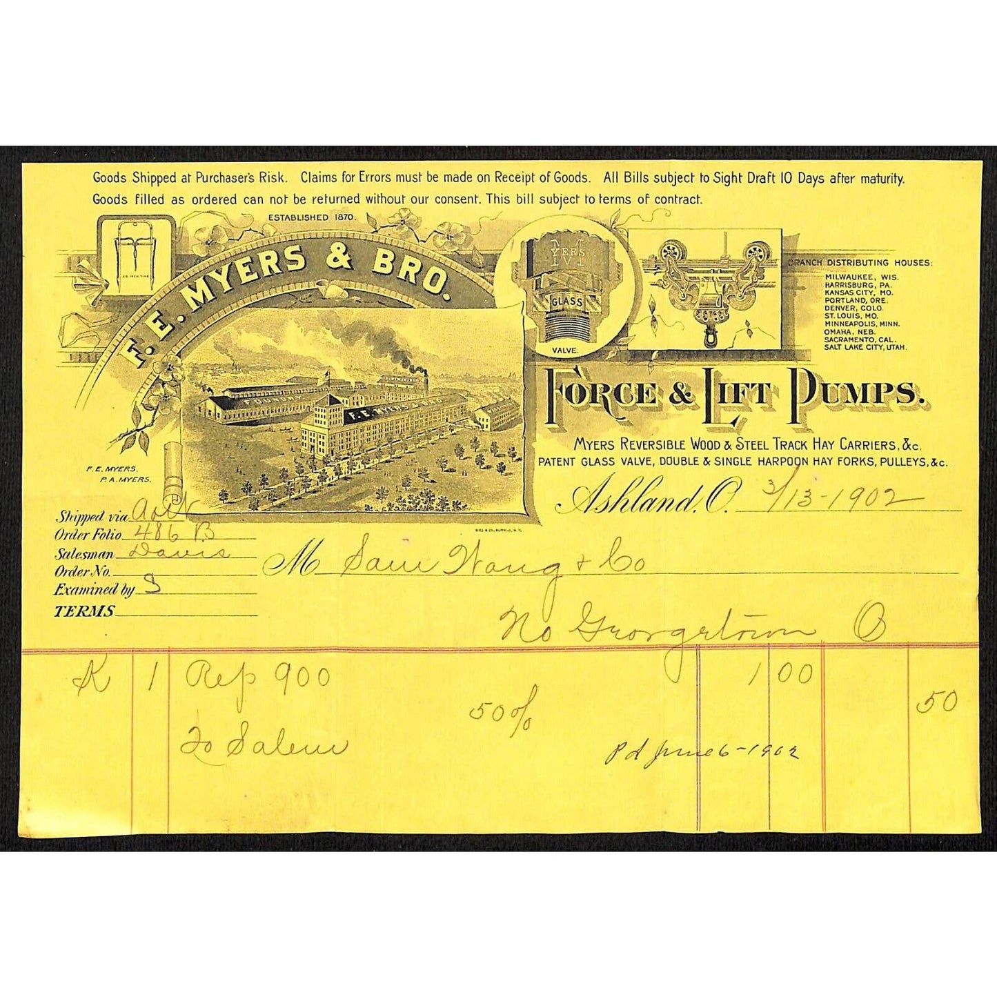F.E Meyers & Bro. Ashland, OH 1902 Billhead Samuel Wang* N. Georgetown OH