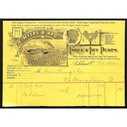 F.E Meyers & Bro. Ashland, OH 1902 Billhead Samuel Wang* N. Georgetown OH