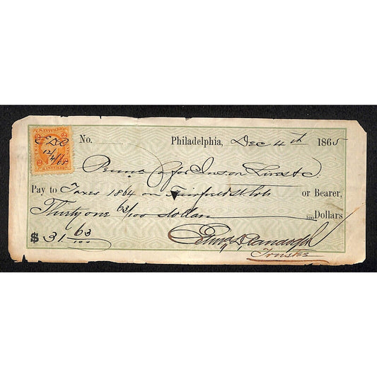 1865 Pennsylvania Co for Insurances on Lives Check Rev Stamp For 1864 Taxes