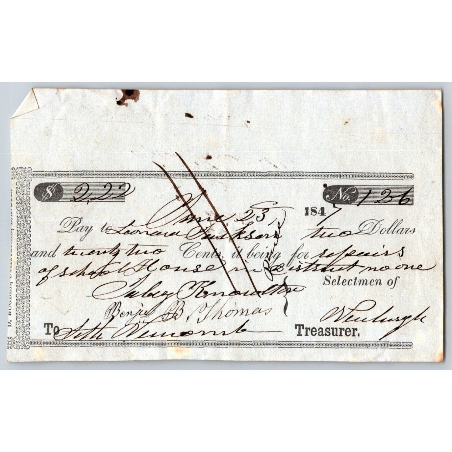 1847 Jabez Knowlton* Newburgh ME Check for "Repairs of School House"