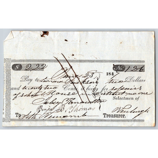 1847 Jabez Knowlton* Newburgh ME Check for "Repairs of School House"