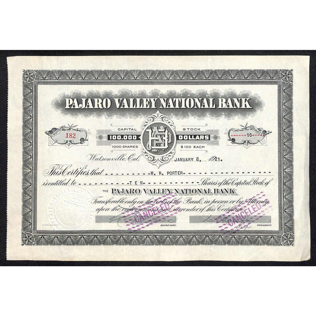 Pajaro Valley National Bank Watsonville, CA 1921 Stock Certificate W.R. Porter