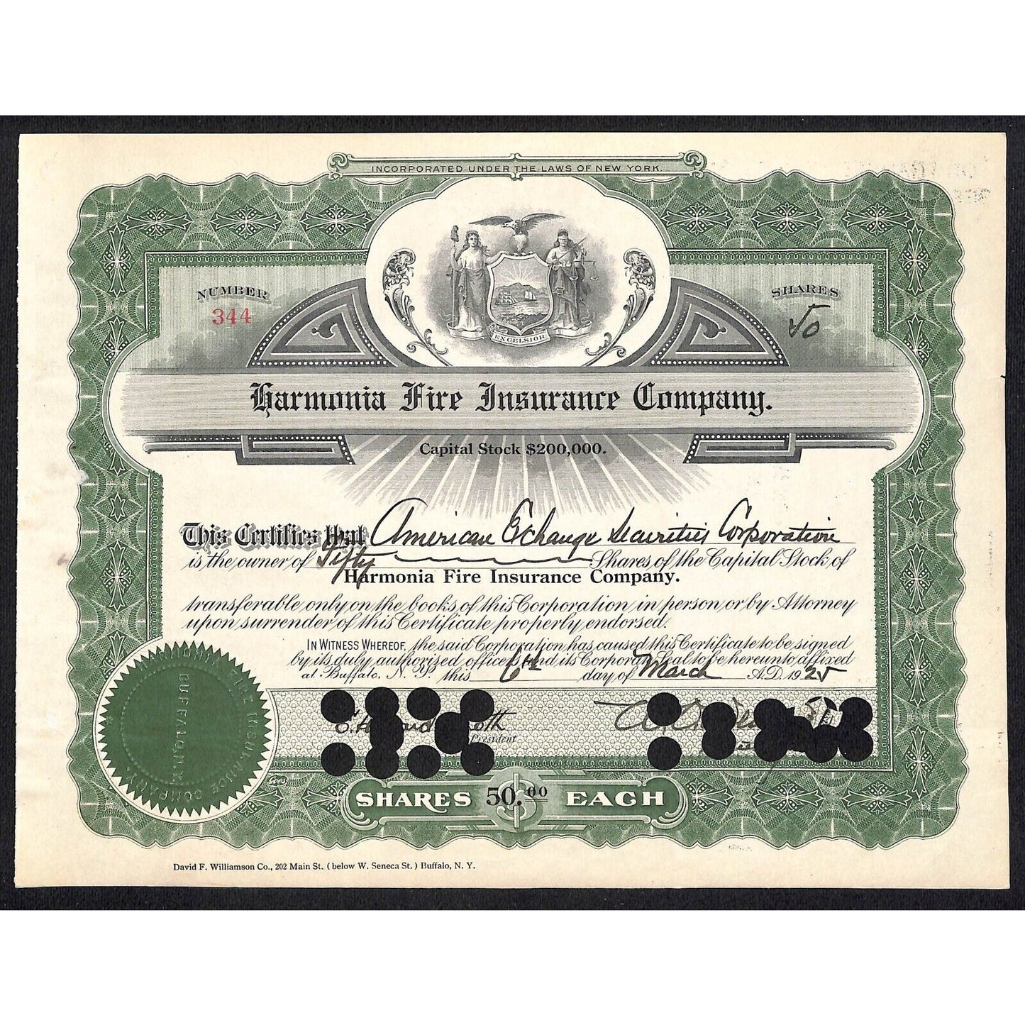Harmonia Fire Insurance Co Buffalo, NY 1925 Stock Certificate #344