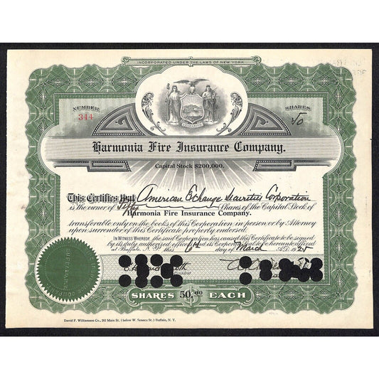 Harmonia Fire Insurance Co Buffalo, NY 1925 Stock Certificate #344